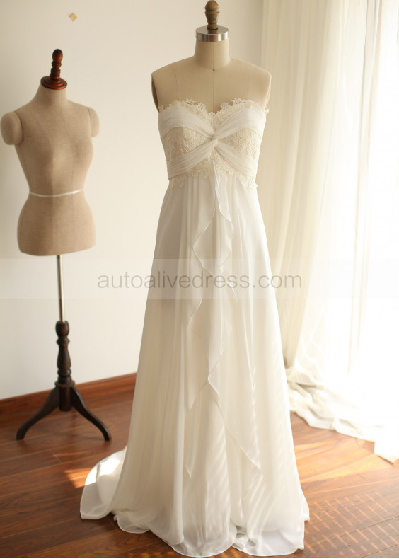Strapless Lace Chiffon Full Length Wedding Dress